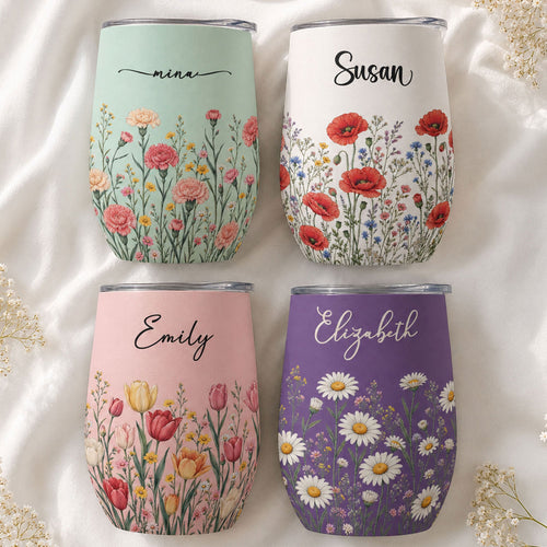 Custom Birth Flower & Name For Her, Gift For Friends, Coworkers, Daughters, Sisters - Personalized Wine Tumbler