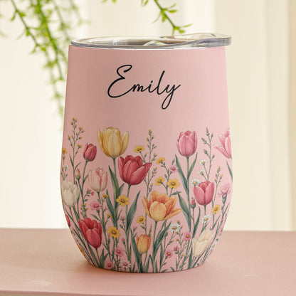 Custom Birth Flower & Name For Her, Gift For Friends, Coworkers, Daughters, Sisters - Personalized Wine Tumbler