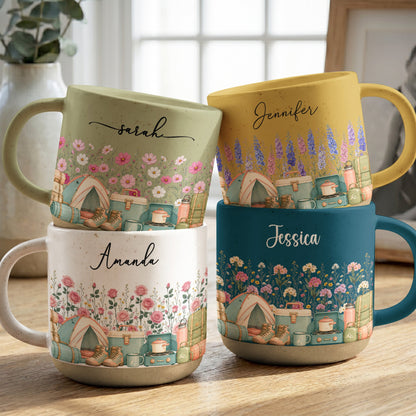 Custom Birth Flower & Name Pottery Mug - Gift For Camper - Personalized Mug