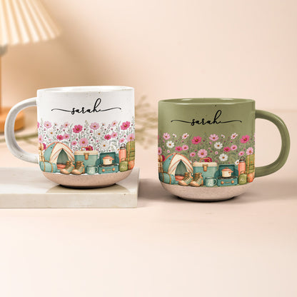 Custom Birth Flower & Name Pottery Mug - Gift For Camper - Personalized Mug