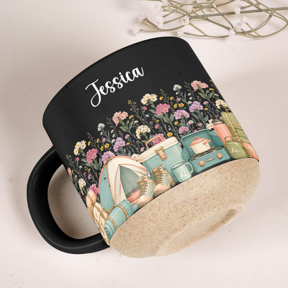 Custom Birth Flower & Name Pottery Mug - Gift For Camper - Personalized Mug