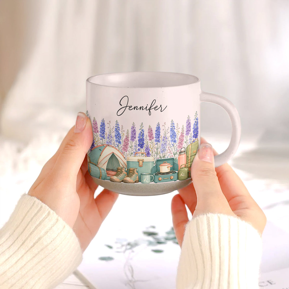 Custom Birth Flower & Name Pottery Mug - Gift For Camper - Personalized Mug