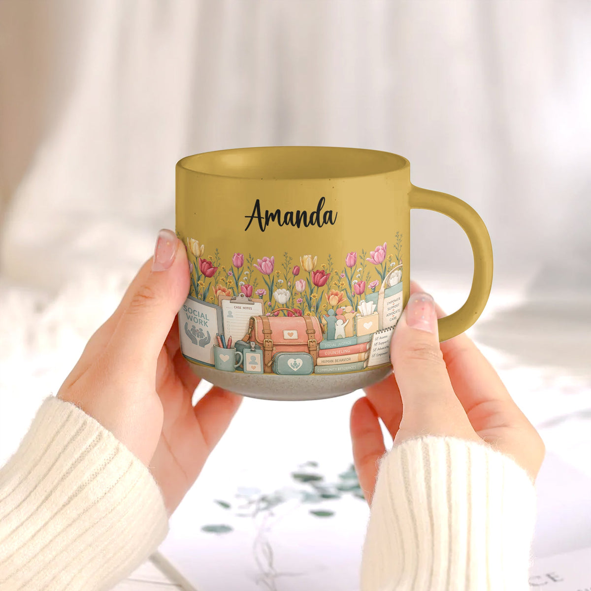 Custom Birth Flower & Name Pottery Mug - Gift For Social Worker - Personalized Mug